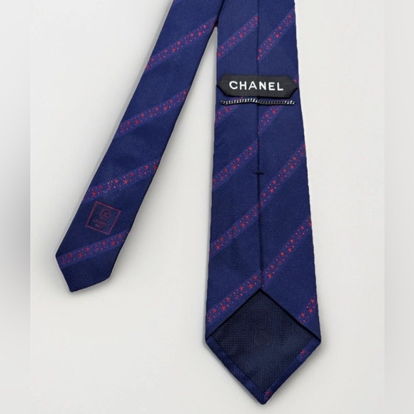 Chanel Royal Blue Diagonal Star Stripe Logo Authentic Silk Necktie Tie Italy New - Picture 1 of 6